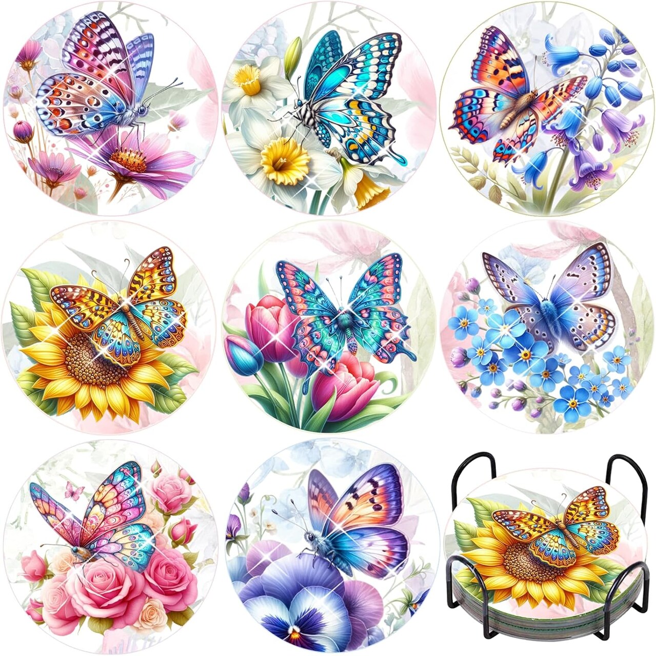 8 Pcs Diamond Painting Coasters for Adults, Colorful Butterfly Diamond Art Coaster Kits with Holder